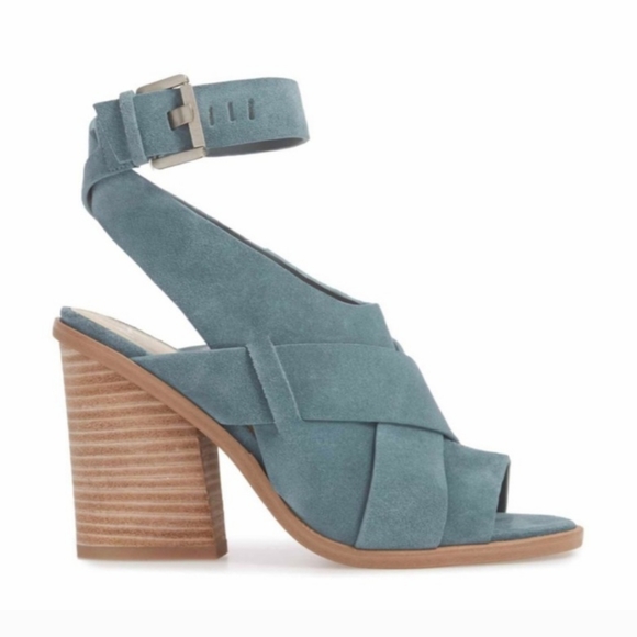 Marc Fisher Sandals 8.5M Leather Suede Ankle Strap Peep Toe Stacked Heel - Picture 11 of 11